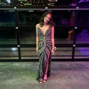 Ashley Lauren Gold and Black prom dress